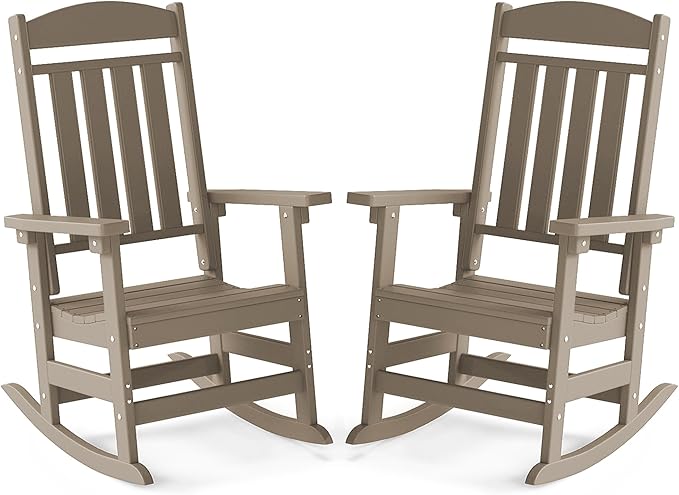 FOOWIN Outdoor Rocking Chair Set of 2, High Back Patio Rocking Chair, HDPE All Weather Resistant Porch Rocker for Adult, Oversized Rocking Chairs for Garden, Lawn, Indoor & Outdoor Use, Brown