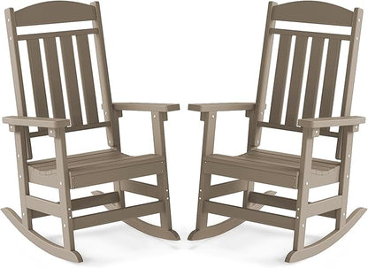FOOWIN Outdoor Rocking Chair Set of 2, High Back Patio Rocking Chair, HDPE All Weather Resistant Porch Rocker for Adult, Oversized Rocking Chairs for Garden, Lawn, Indoor & Outdoor Use, Brown