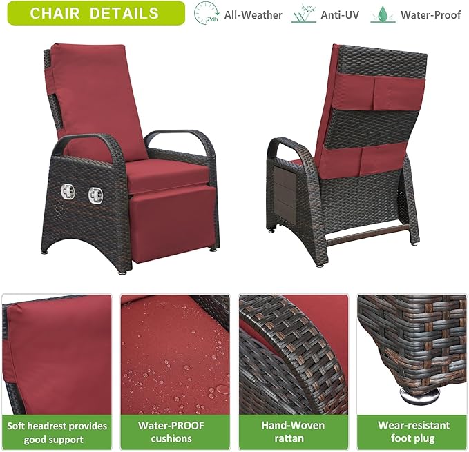 ATR ART TO REAL Outdoor Recliner Chairs, PE Wicker Reclining Lounge Chair with Removable Soft Cushion, Adjustable Outside Recliners for Patio, Porch, Poolside, Balcony, Lawn (Red, 2 PCS)