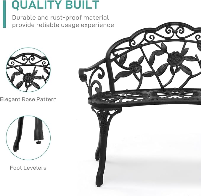 38.5” Outdoor Porch Bench with Hollow Rose Design,Elegant Garden Bench Park Bench for Backyard,Iron Bench with Arms