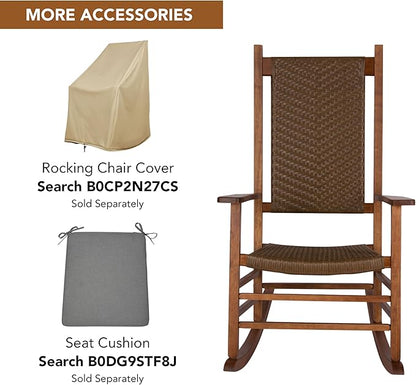 Shine Company Hampton Porch Rocker, High Back Wood Rocking Chair, Rattan Backrest & Seat, Oak