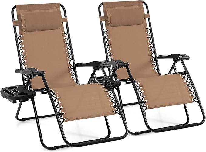 Giantex 2 PCS Zero Gravity Chair Patio Chaise Lounge Chairs Outdoor Yard Pool Recliner Folding Lounge Chair with Cup - Photo 1