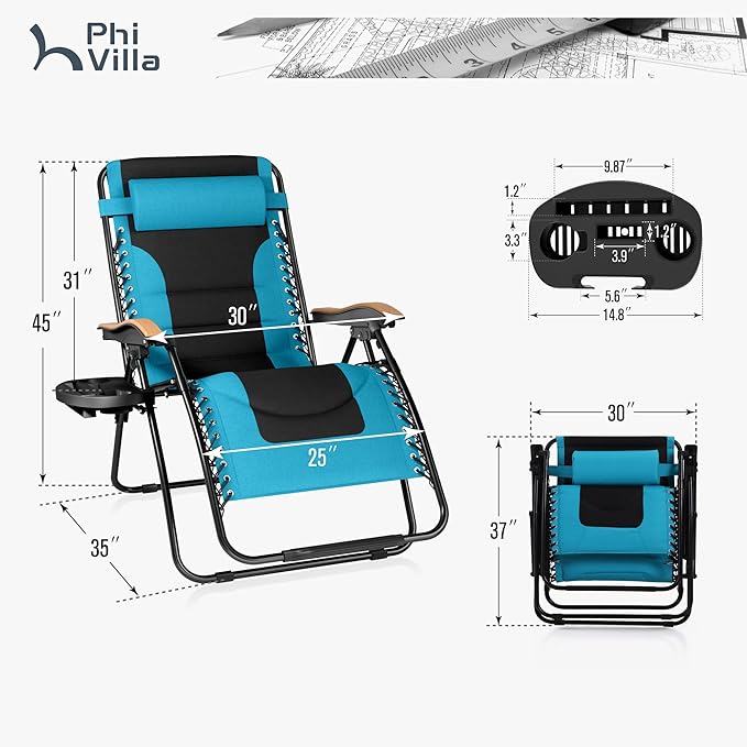 PHI VILLA XXL Oversized Padded Zero Gravity Chair, Foldable Patio Recliner, 30" Wide Seat Anti Gravity Lounger with Cup Holder, Support 400 LBS (Aqua)