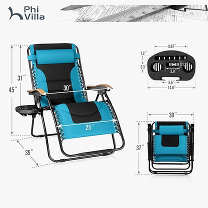 PHI VILLA XXL Oversized Padded Zero Gravity Chair, Foldable Patio Recliner, 30" Wide Seat Anti Gravity Lounger with Cup Holder, Support 400 LBS (Aqua)