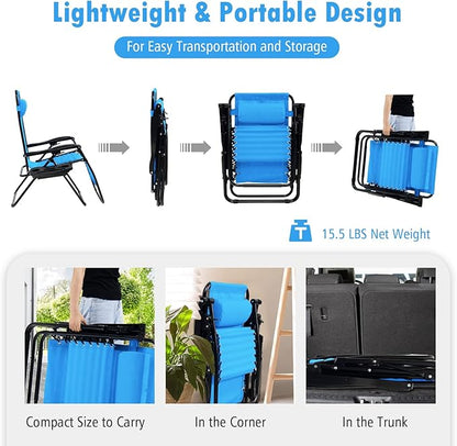 Tangkula Zero Gravity Chair, Folding Patio Lounge Chair Adjustable Outdoor Recliner with Cup Holder, Wide Armrest for Patio Garden Poolside Outdoor Yard Beach, Support 350 lbs (1, Blue)
