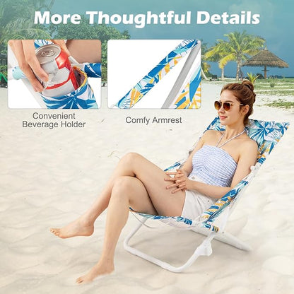 GYMAX Beach Chair Set of 4, Folding Sling Chairs with Headrest, Cup Holder & Shoulder Strap, 330 LBS Portable Patio Lounge Chairs for Outside, Camping, Lawn, Deck, Backyard, Poolside (Blue,4 Pcs)