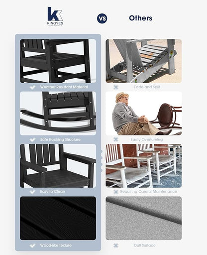 KINGYES Oversized Outdoor Rocking Chair with Cushion, All-Weather Patio Rocking Chairs, HDPE Porch Rocker for Adults, 350 lbs Capacity, Black Chair with Flower Cushion