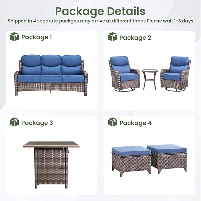 Luxury Patio Furniture Set with 6-inch Thick Cushion, Outdoor Furniture with Fire Pit Table, Swivel Chairs, Sofa - Photo 2