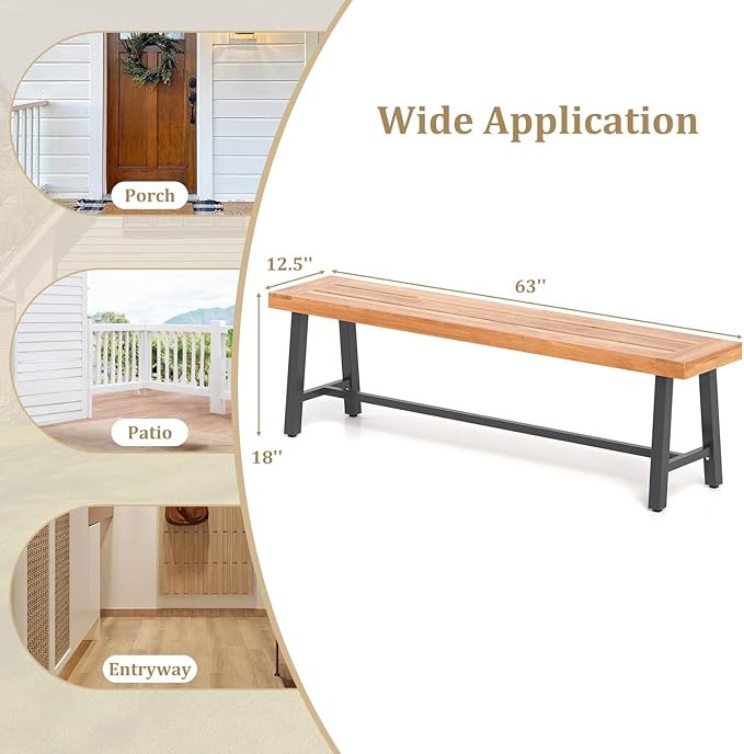 Tangkula 63 Inches Acacia Wood Outdoor Bench, 3-Person Patio Bench with 800 lbs Weight Capacity, Outdoor Backless Bench with Heavy-Duty Metal Frame for Garden, Porch and Backyard (1)