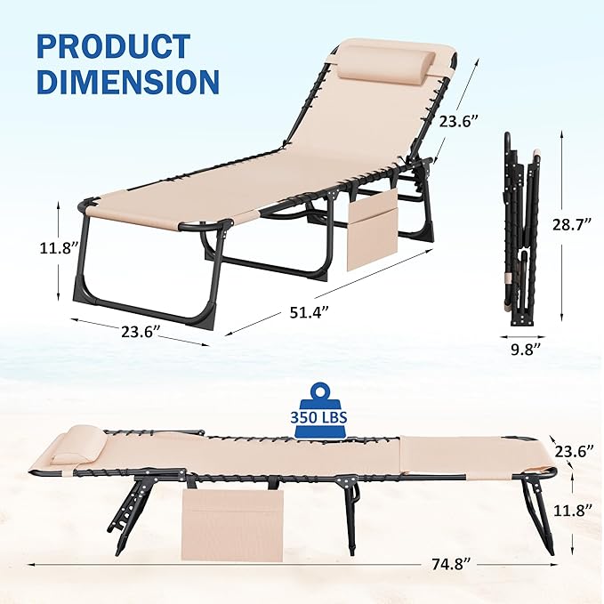 Devoko Beach Lounge Chair, Outdoor Sun Tanning Chair with Face Hole - Photo 3
