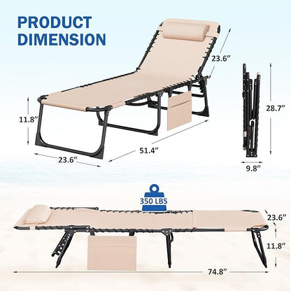 Devoko Beach Lounge Chair, Outdoor Sun Tanning Chair with Face Hole, Heavy Duty Folding Portable Lay Chaise Lounge Chairs for Outside Beach Pool Camping Patio, Beige