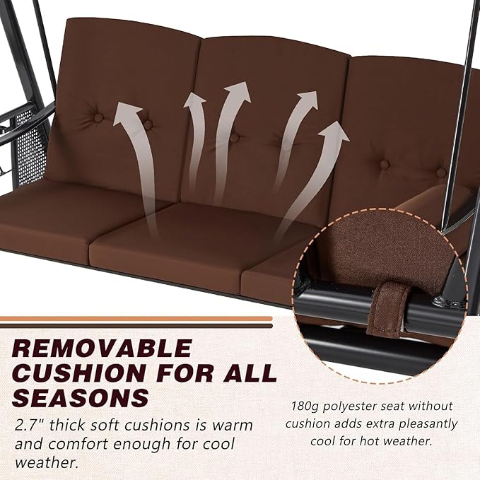 AECOJOY Outdoor Porch Swing, 3-Seat Porch Swing with Adjustable Canopy, Outdoor Swings for Adult with Brown Removable Cushions for Backyard, Garden, Yard, Poolside, Balcony