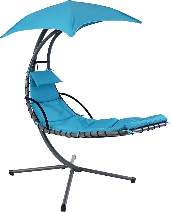 Sunnydaze Floating Chaise Lounger Swing Chair with Umbrella Canopy - Curved Steel Hammock Lounge Chair with Cushion and Pillow - Removable Cushion and Umbrella Shade - 82-Inch Tall - Teal