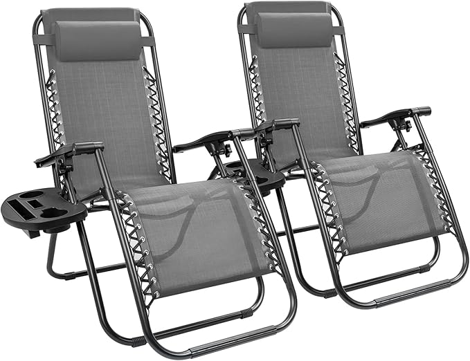 Kemon Zero Gravity Folding Lounge Outdoor Patio Adjustable Reclining Chair with Pillows and Cup Holders for Beach Set of 2, Double Grey, KM-CDGVC