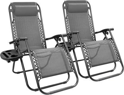 Kemon Zero Gravity Folding Lounge Outdoor Patio Adjustable Reclining Chair with Pillows and Cup Holders for Beach Set of 2, Double Grey, KM-CDGVC
