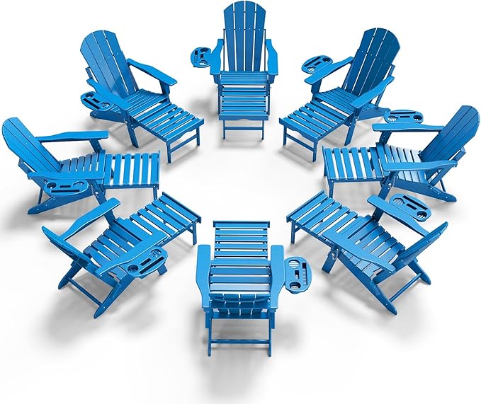 Adjustable Adirondack Chair with Retractable Ottoman Set of 8, HDPE Folding Adirondack Chair with Cup Holder, All Weather Fire Pit Chair for Outdoor.