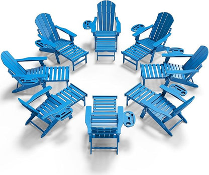 Adjustable Adirondack Chair with Retractable Ottoman Set of 8, HDPE Folding Adirondack Chair with Cup Holder, All Weather Fire Pit Chair for Outdoor.