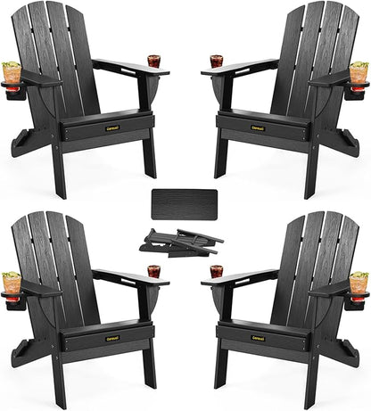 Folding Adirondack Chair Set of 4, Wooden Textured Plastic Adirondack Chairs with 2 Cup Holder, Weather Resistant HDPE Fire Pit Chair, Outdoor Patio Chairs for Garden, Backyard, Lawn, Deck, Black