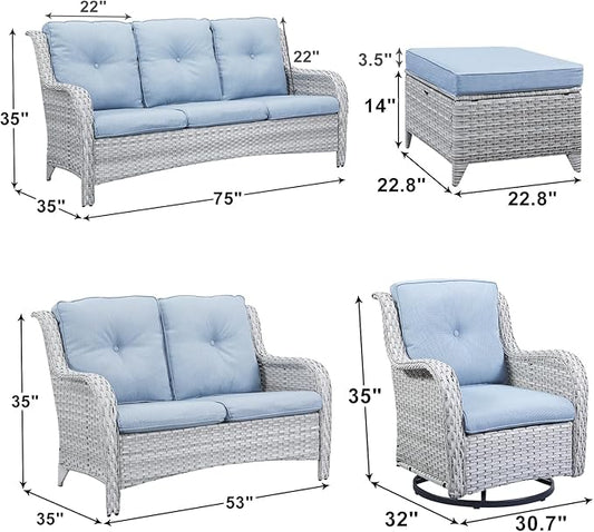 Rilyson Patio Furniture Swivel Chairs Set - 6 PC Wicker Rattan Outdoor Sectional Conversation Sets with 2 Rocking Chair,2 Ottoman,1 Sofa and 1 Loveseat for Porch Deck(Light Grey/Sky Blue)