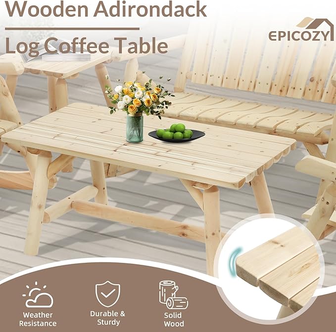 4-Piece Outdoor Wood Rocking Bistro Set, Rustic Wooden Conversation Set Including 2-Seater Loveseat, 2 Coffee Table, Log Rocker Chair, Patio Furniture Chair Set for Lawn Yard, Natural