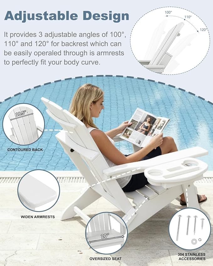 Adjustable Adirondack Chair Set of 4 with Cup Holder, All Weather HDPE Fire Pit Chairs for Deck, Backyard, Patio, White