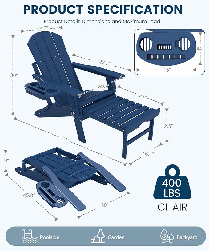 FOOWIN Folding Adjustable Adirondack Chair with Retractable Ottoman Set of 2, HDPE Adirondack Chair w/4 in 1 Cup Holder Trays,All-Weather Resistant Fire Pit Chair for Outdoor Patio Lawn, Navy Blue