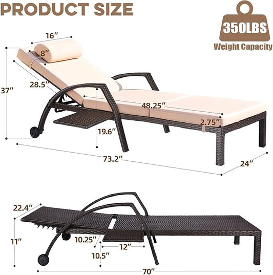 Patio Chaise Lounge Chairs Set of 6 Wicker Pool Lounge Chairs Outdoor with 5 Adjustable Back & Removable Cushion & Tray Tanning Chair Sun Loungers for Patio Poolside Deck Beach