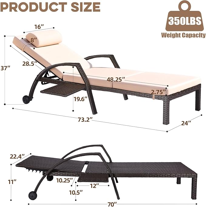 Patio Chaise Lounge Chairs Set of 4 Wicker Pool Lounge Chairs Outdoor with 5 Adjustable Back & Removable Cushion & Tray Tanning Chair Sun Loungers for Patio Poolside Deck Beach