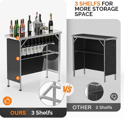 VINGLI 39" Portable Bar Table, Mobile Bar Table for Events, Party, Camping, Picnic, Tradeshow, Outdoor & Indoor with Black Skirt Carry Bag（Black）