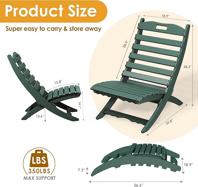IVY&LANE Portable Xavier-Chairs Set of 2 | Folding-Adirondack-Chair | Wave | HDPE Plastic | Limited Edition | Forest Green | All-Weather Resistant | for Outdoor Fire-Pit Patio Lawn Beach Poolside