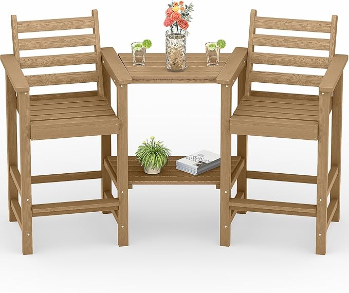 PLUUV Tall Adirondack Chairs Set of 2, All Weather HDPE Poly Bar Height Balcony Adirondack Chair with Removable Double Connecting Trays, Outdoor Adirondack Barstools for Deck, Patio, Yard, Pool, Lawn