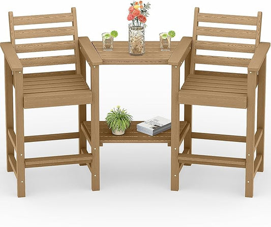 PLUUV Tall Adirondack Chairs Set of 2, All Weather HDPE Poly Bar Height Balcony Adirondack Chair with Removable Double Connecting Trays, Outdoor Adirondack Barstools for Deck, Patio, Yard, Pool, Lawn