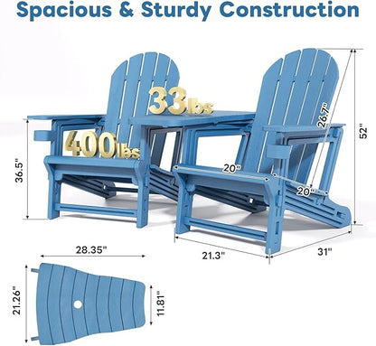 Adirondack Chair Set of 2, All Weather HDPE Adirondack Chair with Double Connecting Trays, Plastic Adirondack Chairs for Balcony, Deck, Patio, Backyard, Garden, Blue