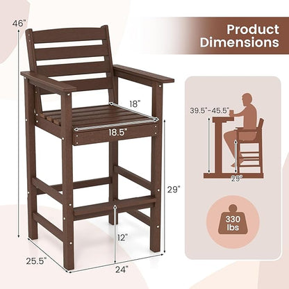 Giantex 29” Bar Stools Set of 2, HDPE Barstools w/Back, Armrests & Footrests, Max Load 330Lbs, Counter Height Bar Stools, Adirondack Chair for Patio Balcony Outdoor Bistro Set, Brown