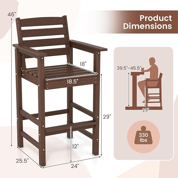 Giantex 29” Bar Stools Set of 4, HDPE Barstools w/Back, Armrests & Footrests, Max Load 330Lbs, Counter Height Bar Stools, Adirondack Chair for Patio Balcony Outdoor Bistro Set, Brown