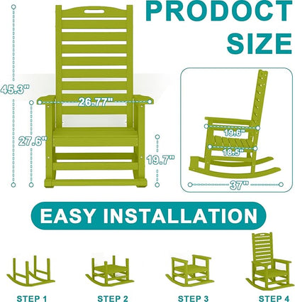 PLUUV Outdoor Rocking Chair Set of 2 with Removable Footboard for Adults, HDPE High Back Patio Rocking Chairs, 330lbs All Weather Porch Rocking Chairs for Outdoor & Indoor -Pistachio Green