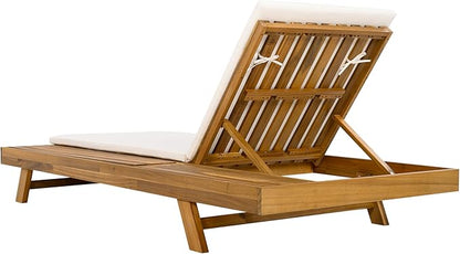 2-Piece Patio Lounge Chair Set with Side Space, Outdoor Chaise Lounge Adjustable & Breathable Acacia Wood Frame, Water-Resistant Cushions(Cream & 2 Inch Thick & Double FOLD)