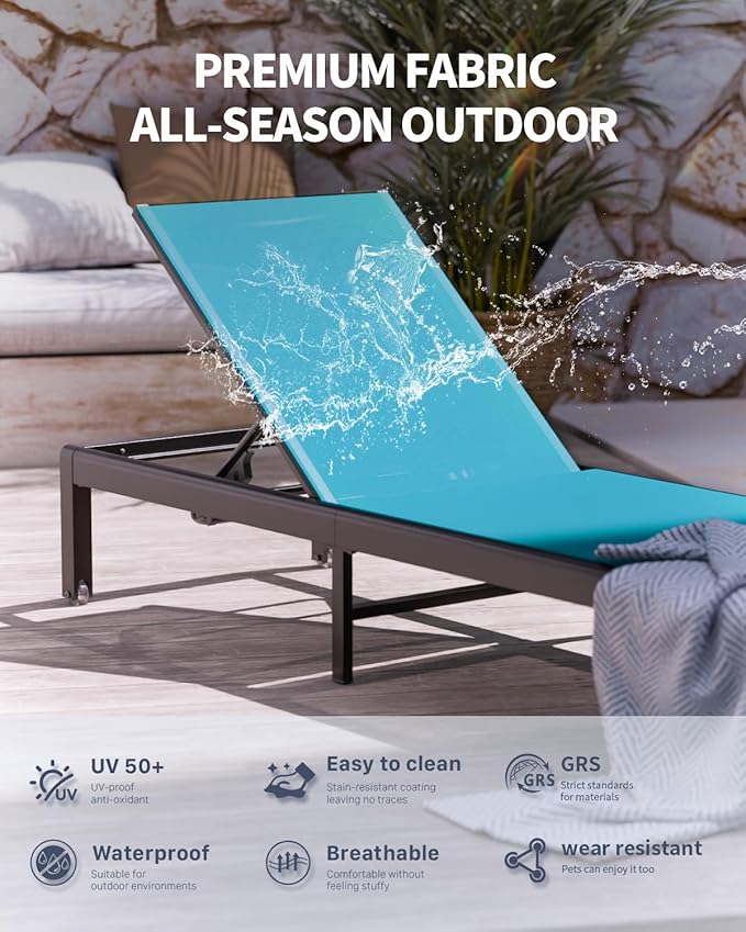 Aluminum Lounge Chairs Outdoor Chaise Furniture,2 Sets Patio Metal Deck Lounger Adjustable 5-Position Poolside Chase Recliner with Wheels for Beach,Coffee Table, (Blue, 2 Chairs)