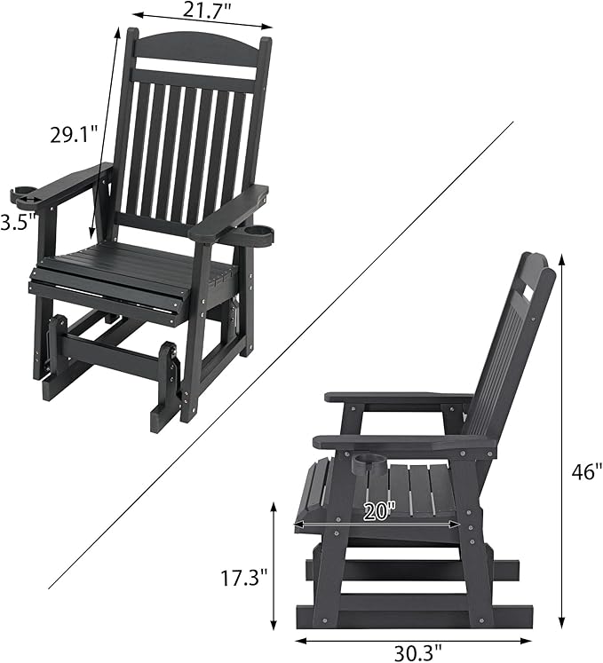 Poly Lumber Patio Glider for One Person, with Cup Holders, High Backrest and Deep Contoured Seat, HIPS Material - Photo 2