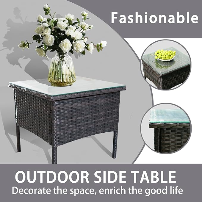 Outdoor Patio Wicker Table, Rattan Side Table, Modern Patio End Side Table with Glass Countertop and Storage Space - Photo 5