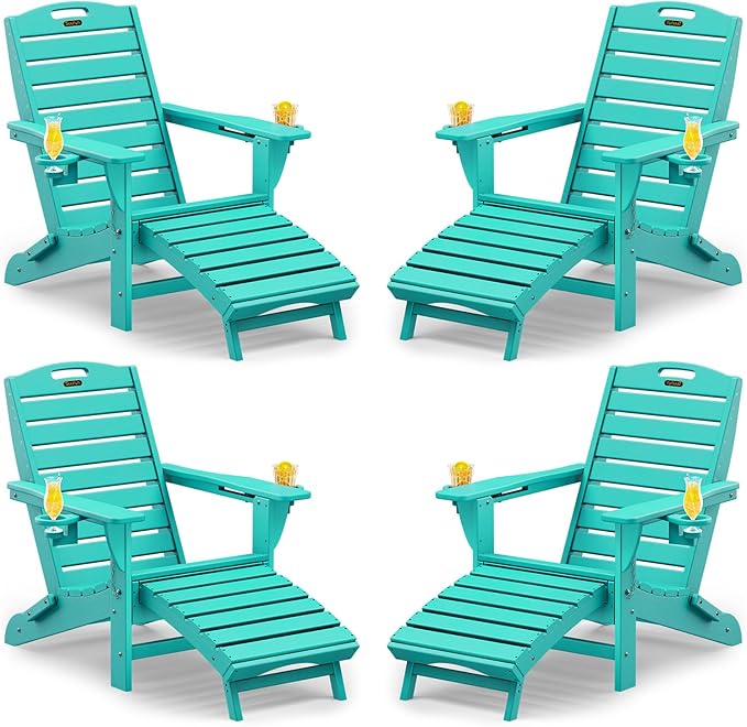 Folding Adirondack Chairs Set of 4,Adirondack Chair with Retractable Ottoman,Plastic Adirondack Chairs with 2 Cup Holder,Weather Resistant Patio Chair,Outdoor Chairs Set of 4(Lake Blue)