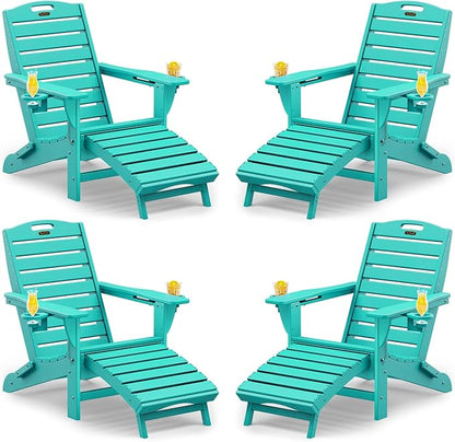 Folding Adirondack Chairs Set of 4,Adirondack Chair with Retractable Ottoman,Plastic Adirondack Chairs with 2 Cup Holder,Weather Resistant Patio Chair,Outdoor Chairs Set of 4(Lake Blue)