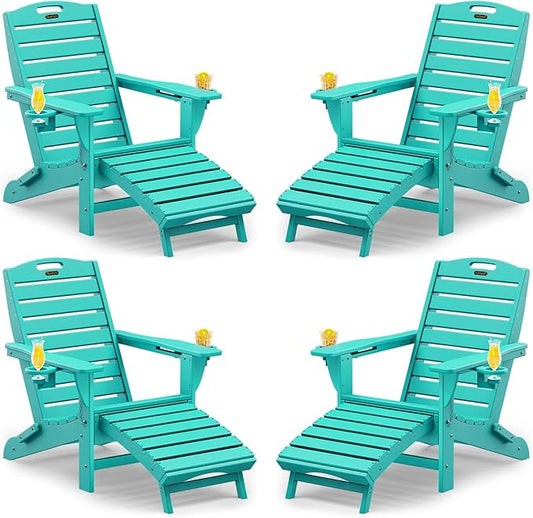 Folding Adirondack Chairs Set of 4,Adirondack Chair with Retractable Ottoman,Plastic Adirondack Chairs with 2 Cup Holder,Weather Resistant Patio Chair,Outdoor Chairs Set of 4(Lake Blue)