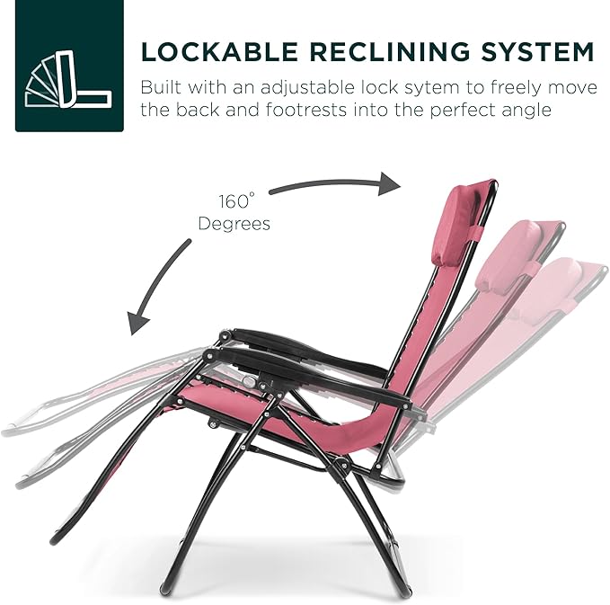 Best Choice Products Oversized Zero Gravity Chair, Folding Outdoor Patio Lounge Recliner w/Cup Holder Accessory Tray, Pillow - Pink