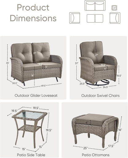 6 Pieces Patio Wicker Furniture Set-Outdoor Swivel Chairs Set of 2 Outdoor Glider Love seat with Outdoor Footstool Patio Furniture for Deck Porch Garden Balcony Poolside-Grey/Grey