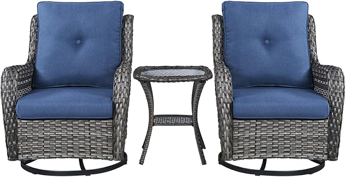 Rilyson Wicker Rocking Chair Swivel Chairs - 3 Piece Rocker Patio Furniture Set Rattan Rocking Bistro Sets with Glass Top Side Table for Outdoor Porch Deck Garden Backyard (Mixed Grey/Blue)
