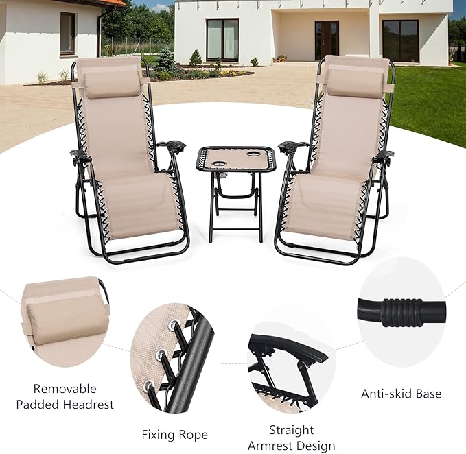 HAPPYGRILL Zero Gravity Lounge Chairs Set with Coffee Table, Folding Reclining Chairs with Side Table and Pillow - Photo 8