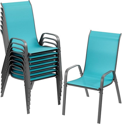 TLSUNNY Patio Chairs, Stackable Textilene Outdoor Dining Furniture for All Weather, with 17.7″ Wide Seat & Metal Frame, for Garden, Backyard, Deck, Restaurant, Poolside (8, Turquoise Blue, 26.4″)