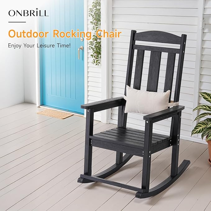 Outdoor Rocking Chair, Patio Rocking Chairs with High Back and Armrest, All Weather Oversized Porch Rocking Chairs 400 lbs Support, Black Rocking Chair with Headrest Footrest for Porch Backyard Garden