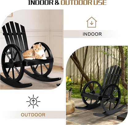 Outvita Adirondack Rocking Chair, Wood Wagon Rocker, Outdoor Wooden Carbonized Lounge Chairs with Wheel Armrest for Garden Patio Country Yard Porch(Black)